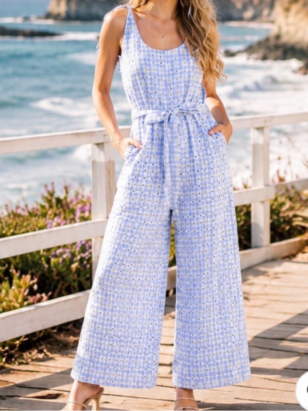 Boho NWT Sleeveless Light Blue Eyelet Wide-Leg Jumpsuit with Waist Tie S-M-L